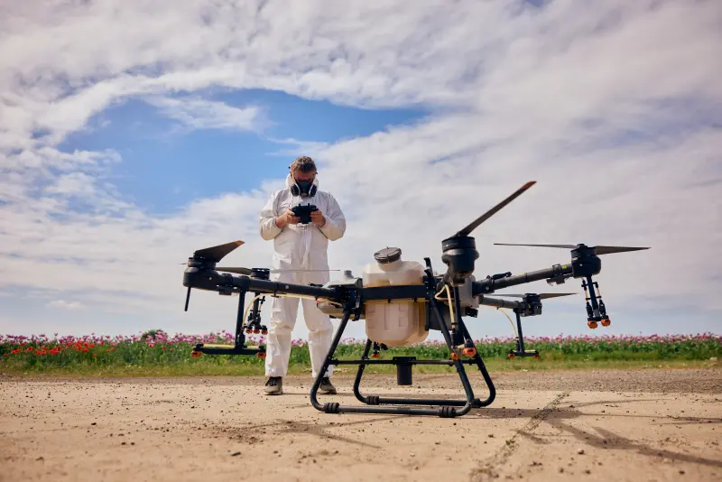 Operator dronowy SkyClean w stroju ochronnym